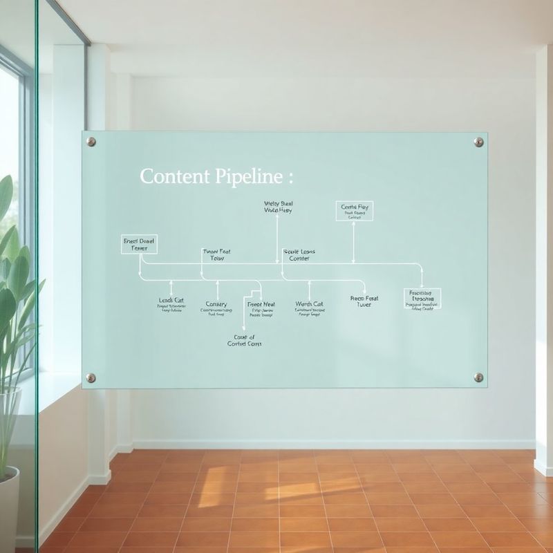 Diagrama de flujo editorial en pizarra de cristal con acentos teal